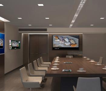 photo of a conference room with two tv's in it